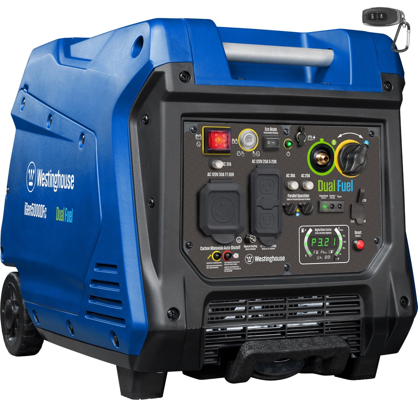 Westinghouse 5000 Peak Watt Super Quiet Dual Fuel Portable Inverter Generator, Remote Electric Start, Gas & Propane Powered, RV Ready, CO Sensor, Parallel Capable
