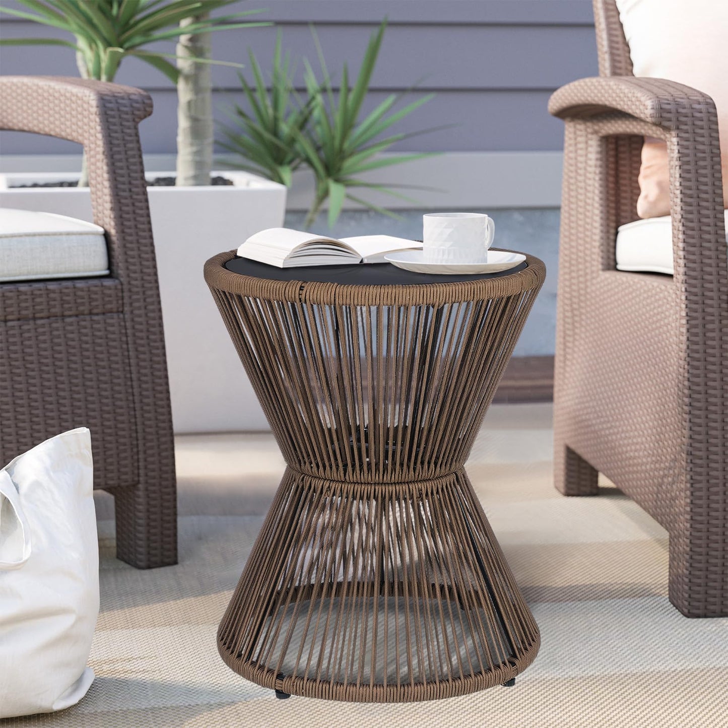 SUNNYPARK Outdoor Side Table 20'' H Small End Tables Woven Rope Weather Resistant with Glass Top Round Coffee Table for Indoor Balcony Patio Poolside (Brown)