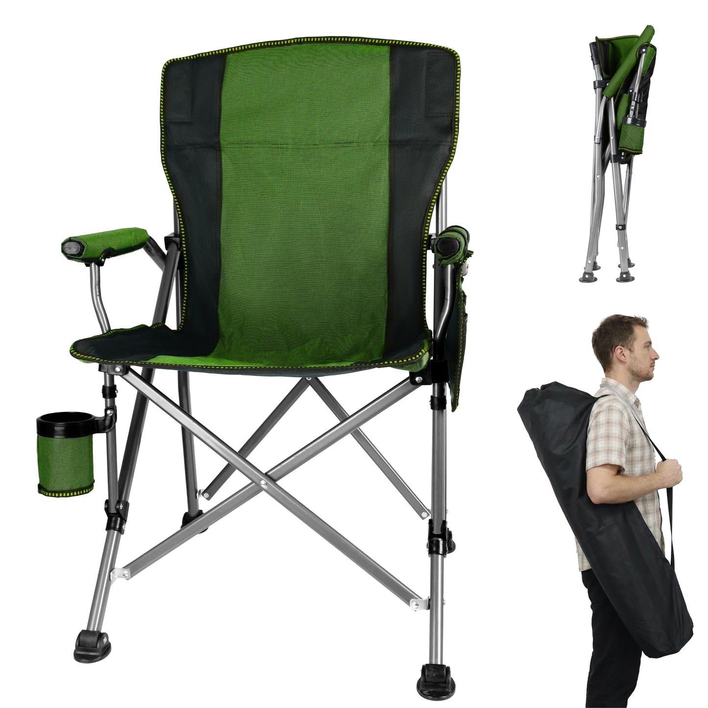 Anmiro Folding Camping Chair with Cup Holder and Storage Bag, Heavy Duty Support 400 LBS, Oversized Collapsible Portable Camping Chair for Outdoor Camp, Picnic, Travel, Fishing Green