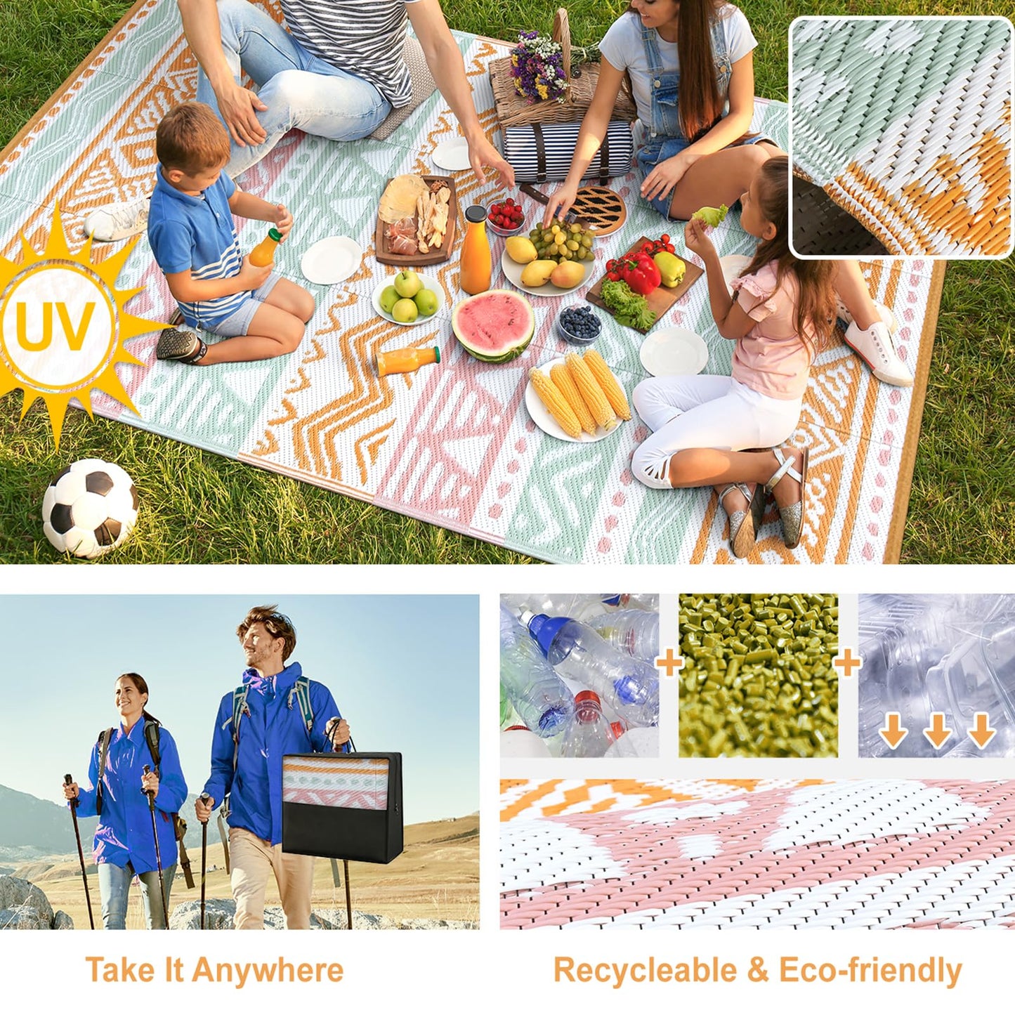 Lahome Outdoor Rug 8x10 Patio Waterproof, Reversible Outdoor Plastic Straw Rug for Camping, Large RV Outdoor Rugs Outside, Outdoor Carpet for Porch Deck Backyard Picnic(Pink/Orange,8'x 10')
