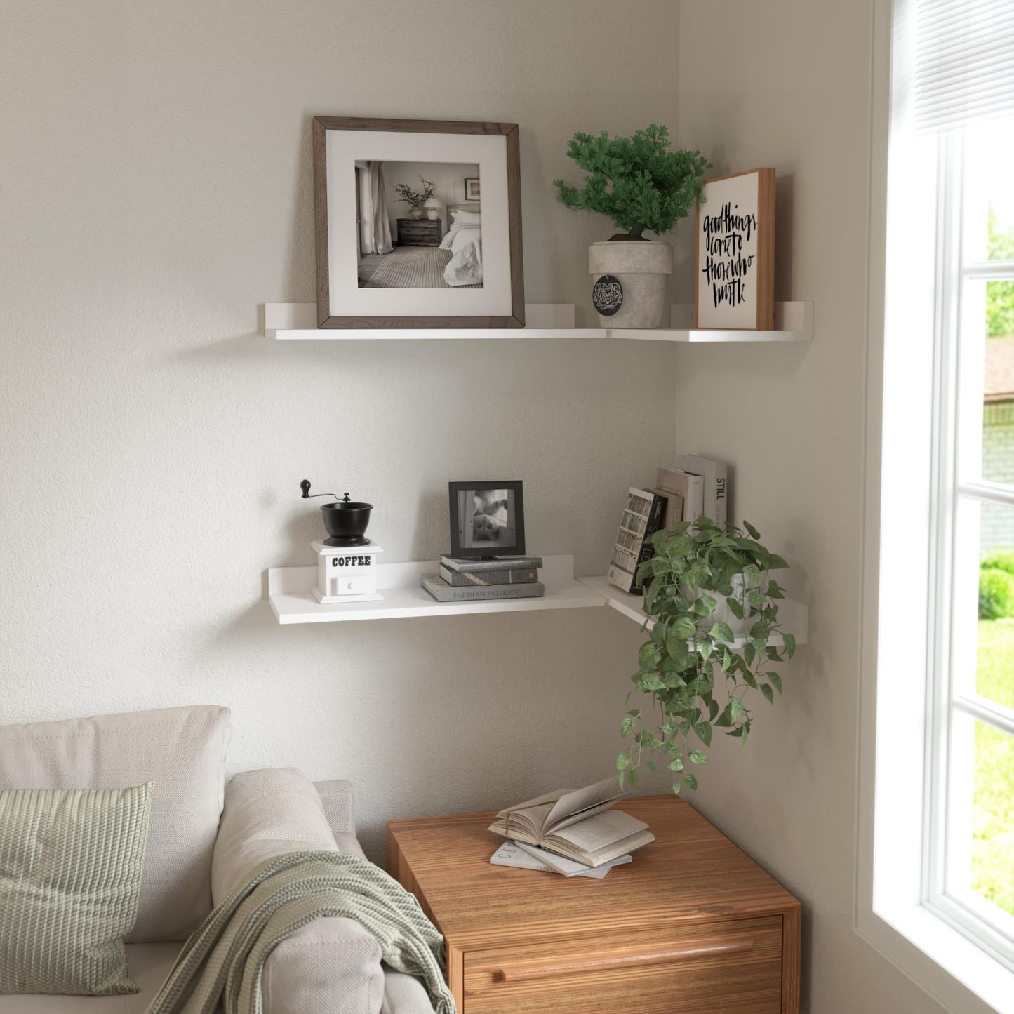 WOPITUES Floating Shelves, Wall Mounted Shelves for Room Decor, Modern Display Shelf for Bedroom, Sturdy Bathroom Storage Shelves, Book Shelves for Living Room, White Small Corner Shelves, Set of 4