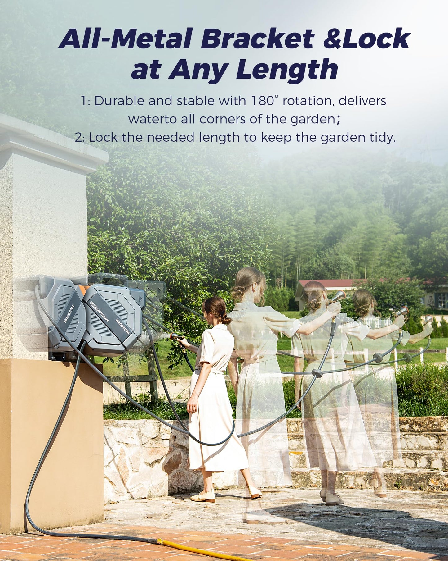 Retractable Garden Hose Reel, 5/8 in x 130ft Heavy Duty Wall Mount Water Hose Reel with Metal Bracket & 9-Pattern Metal Nozzle, Any Length Lock, Slow Retraction and 180° Swivel