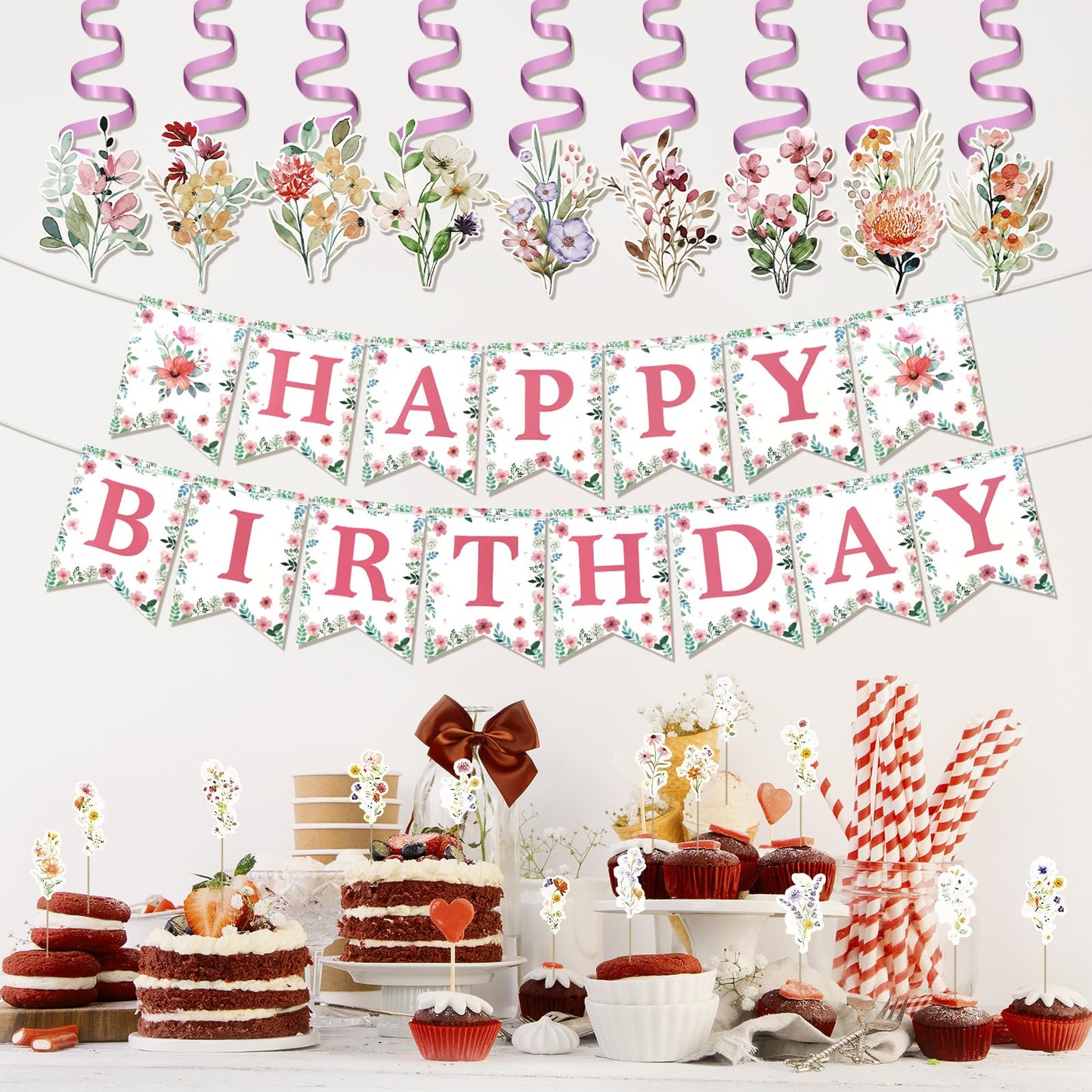 VXXOFXWM 84 Pcs Wildflower Cupcake Toppers,Flower Birthday & Baby in Bloom Baby Shower Cake Decorations for Floral Garden Fairy Party