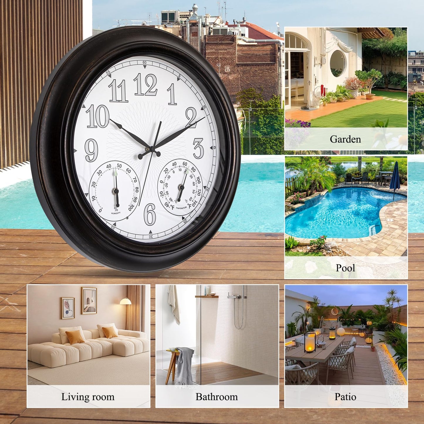 NESIFEE 18 Inch Illuminated Indoor Outdoor Clock Waterproof with Thermometer Hygrometer Smart Sensor Large Black Metal Wall Clocks Battery Operated for Patio, Garden, Living Room, Bedroom, Pool, Porch