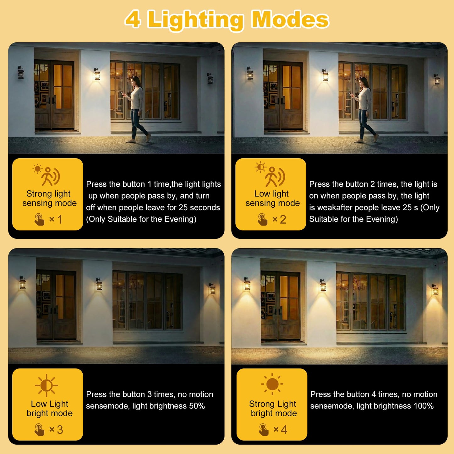 2 Pack Solar Wall Lanterns with 4 Modes, Solar Motion Sensor Lantern IP65 Waterproof Camping Lantern , Exterior Camping Light Front Porch Security Lamps Wall Mount Patio Fence Garage Decorative