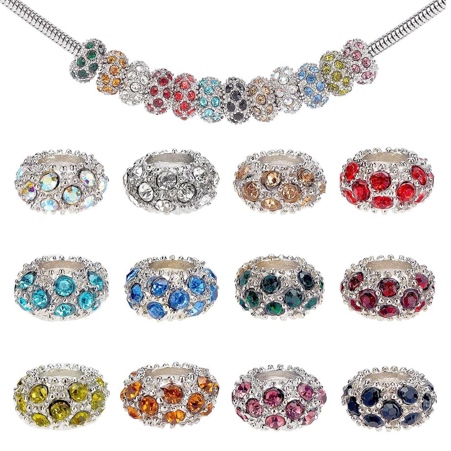 PH PandaHall 100pcs Rhinestone Large Hole European Beads, Platinum Mixed Color Crystal Rondelle Spacer Beads Fit European Snake Chain Charms Bracelet(11x6mm, Hole: 5mm)