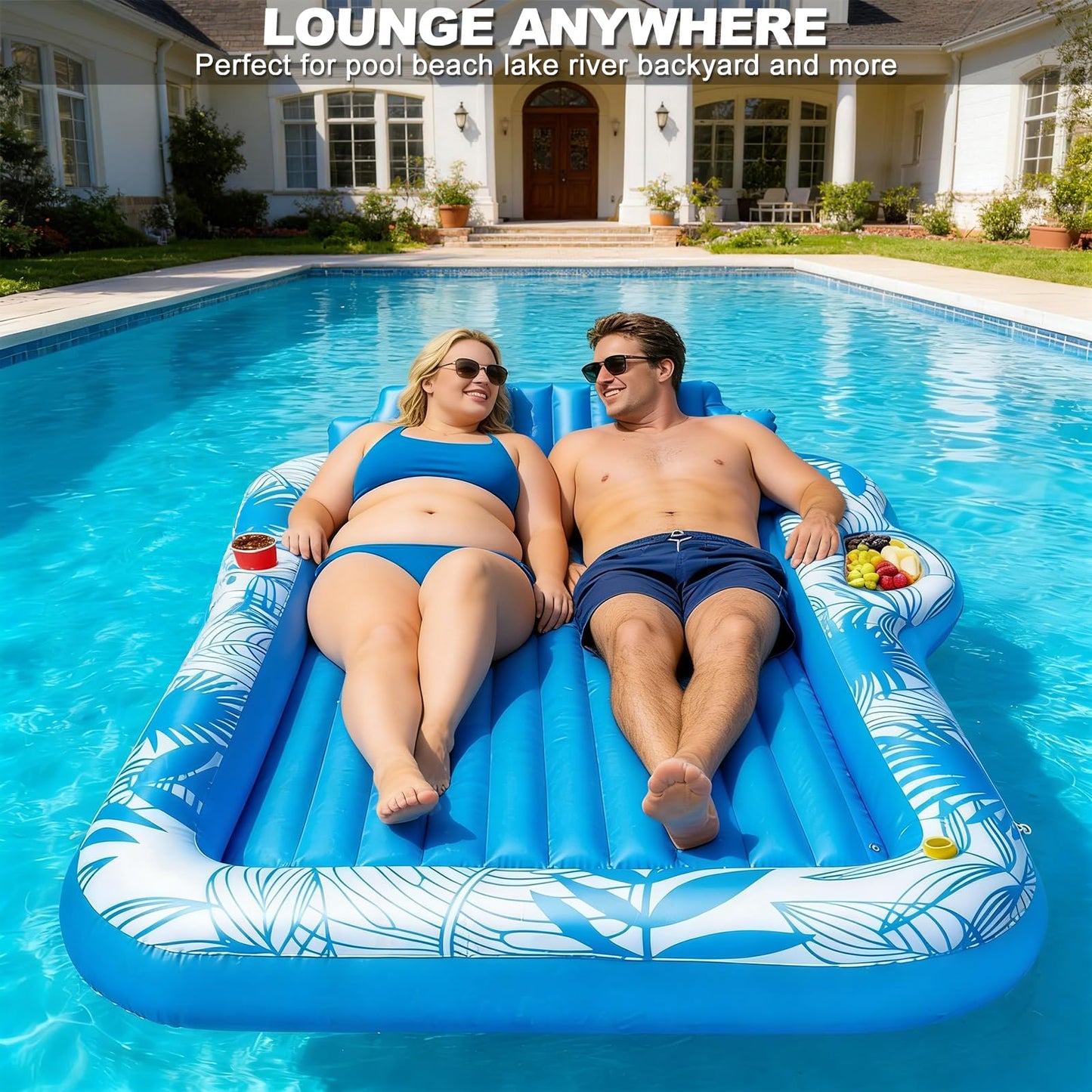 83" X 60" Inflatable Tanning Pool Lounger Float with Sprinkler, Extra Large Pool Float Adults with Pillow, 6 in 1 Suntan Tub Raft Floatie Toys with Drink Holder Sunbathing Water Filled Tanning Bed