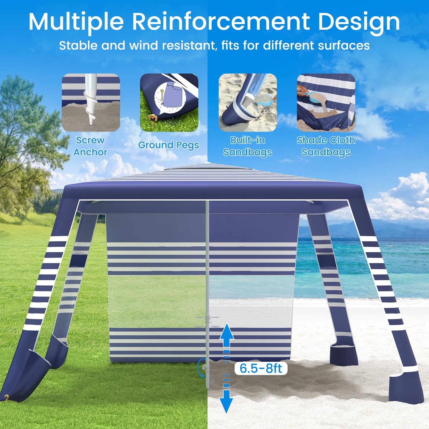 MoKo Beach Cabana, 8'×8' Large Beach Canopy with Side Wall, UPF 50+ Protection Easy Setup Beach Tent Sun Shelter, Adjustable Height Wind Resistant Cabana Beach Tent for Whole Family, Navy Stripes