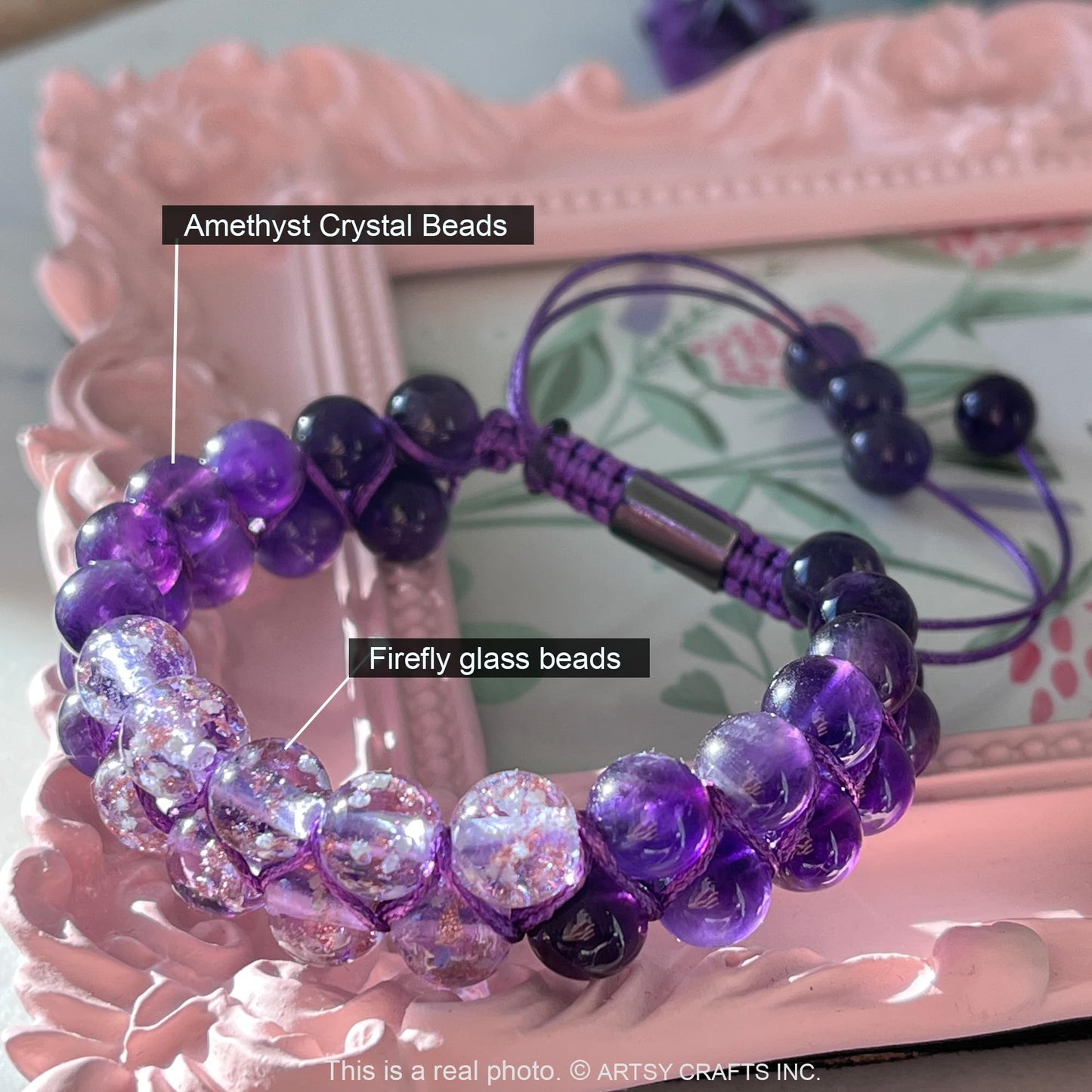 ARTSY Crafts Glow in the Dark Firefly Beads Bracelets, 2-Row Shamballa Wrapped Bracelet for Chakra Meditation Anti Anxiety Healing Crystals Gemstone Glowing Bangle Wristband, Medium, no gemstone