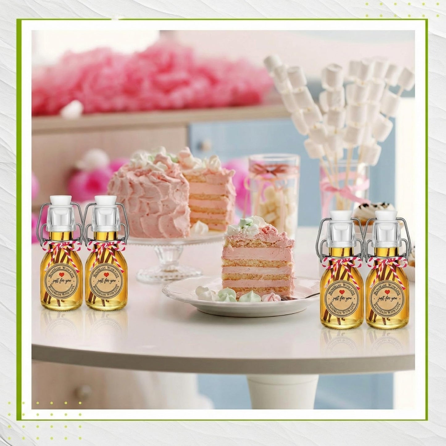 Teenyyou 20 PCS 4.05OZ Mini Flip Top Square Glass Bottle with Stoppers Decorative Swing Top Bottles Small Glass Bottles with Lids Kraft Adhesive Round Stickers for Wedding Vanilla Extract Party Favors