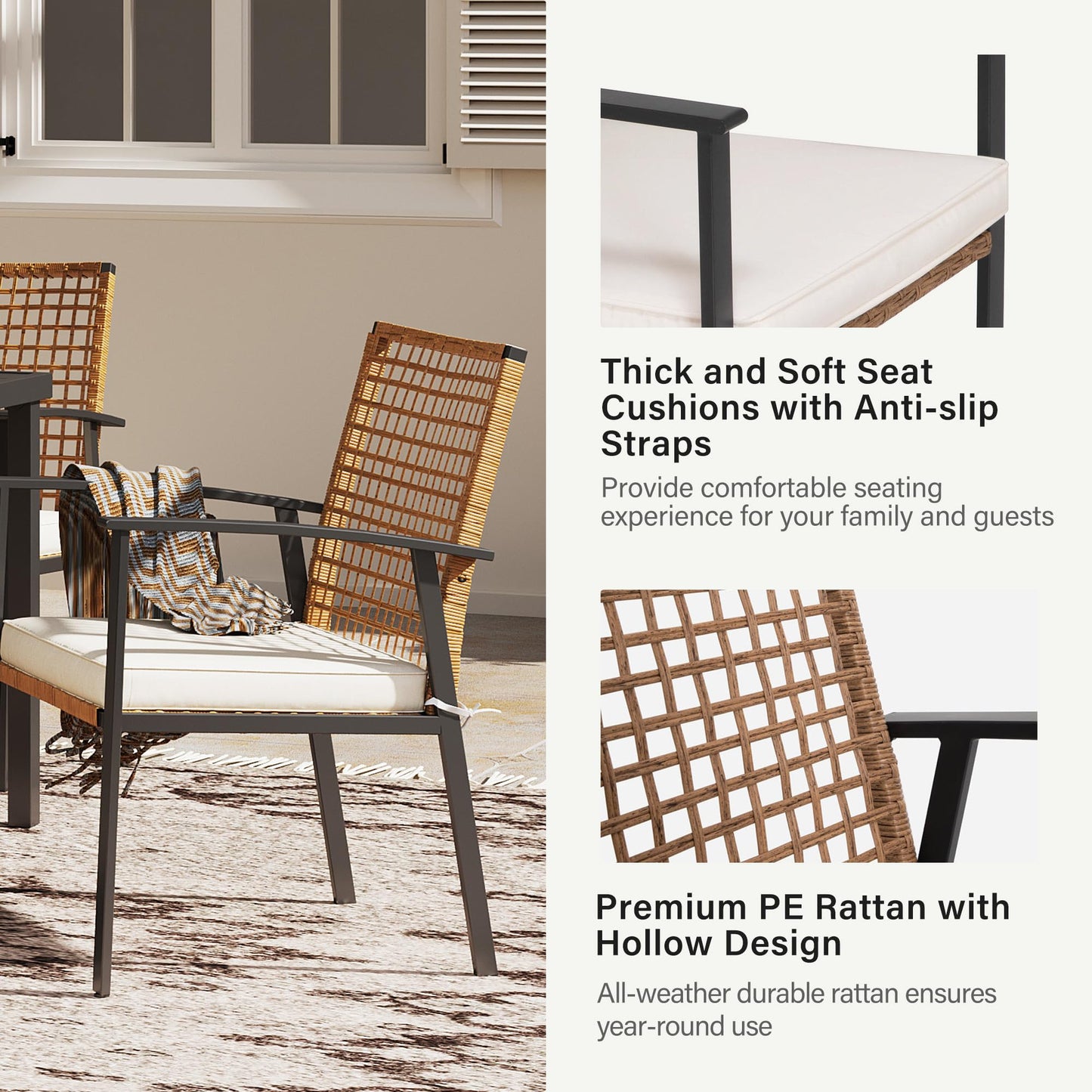 EO Living 5 Pieces Patio Dining Set, Outdoor Furniture Set of 6 Chairs with Soft Cushion and Rectangular Table with Umbrella Hole,Outdoor Dining Set for Backyard, Garden and Poolside