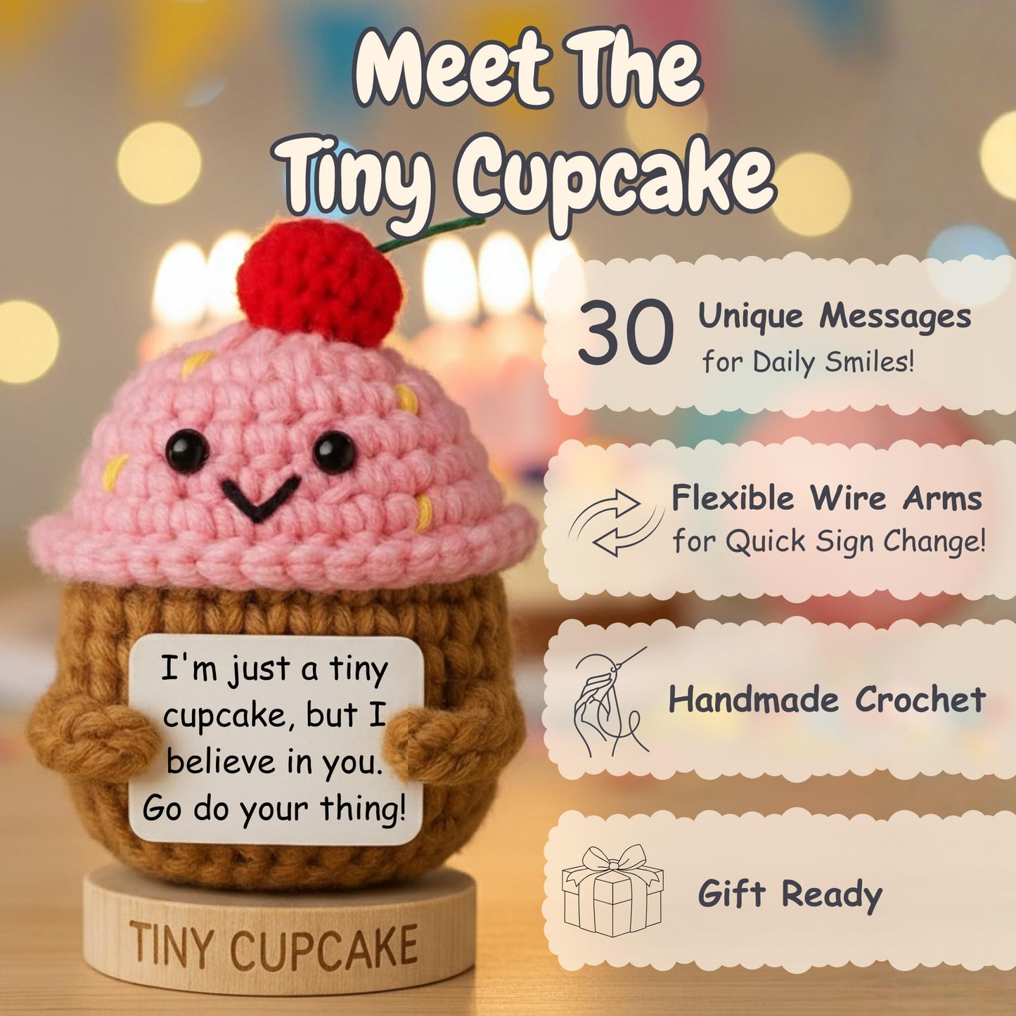 Friendship Gifts for Women - Handmade Positive Crochet Cupcake with 30 Cute Affirmation Cards for Emotional Support | Birthday Gift for Women, Best Friend, Bestie, Coworker | Mothers Day Present Idea