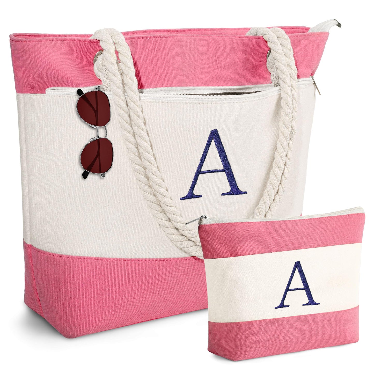 YOOLIFE Birthday Gifts for Women - Mothers Day Gifts, Beach Bags for Women, Pink Beach Bags Waterproof Sandproof Initial Canvas Tote Bag Mom Girlfriend Teacher Sister Friend Female Her Gift Idea A