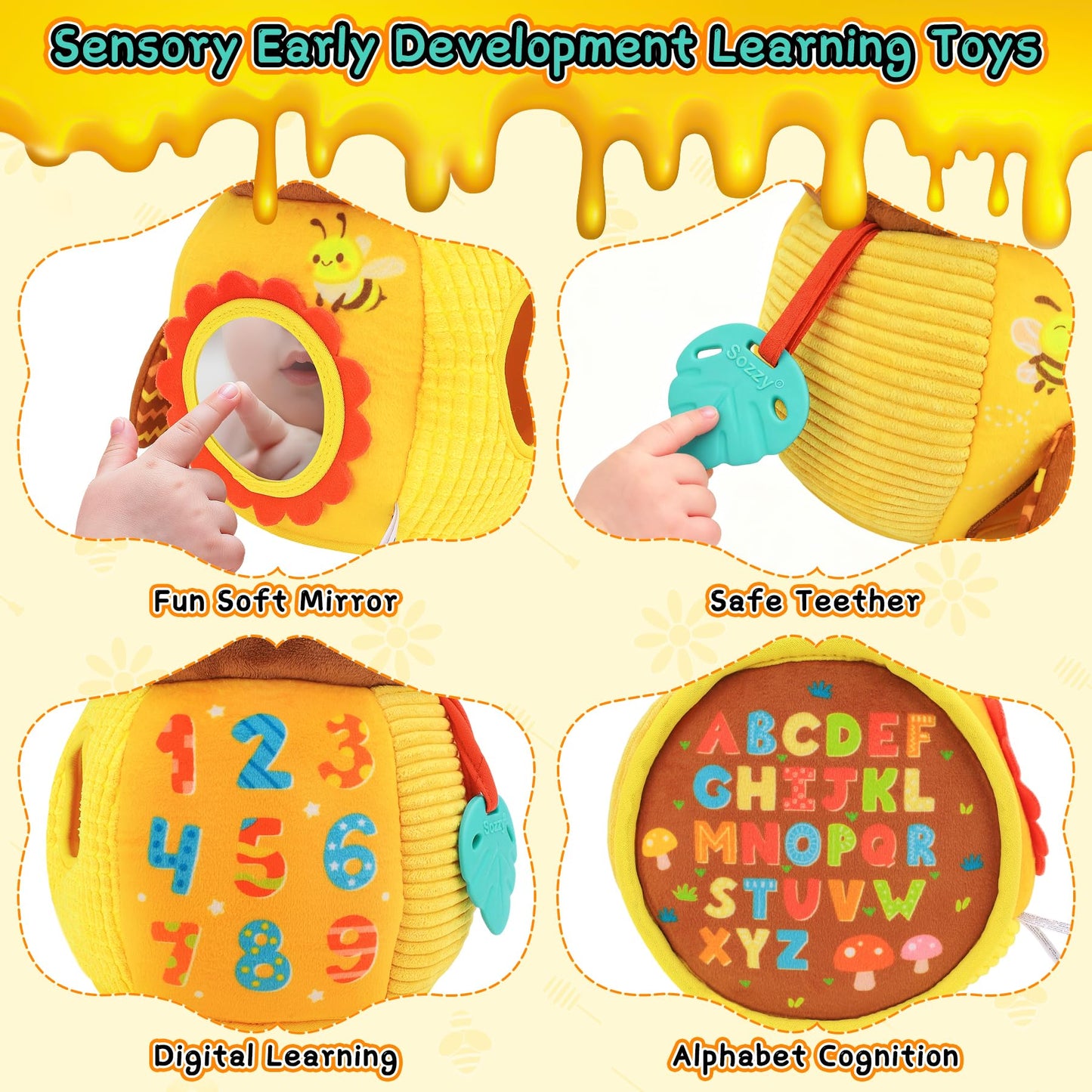 Zendstanding Baby Toys 6-12 Months - Soft Honey Jar with 6 Sensory Insect Stuffed Animals Montessori Plush Toys W/Rattle, Crinkle Paper, Mirror for Toddlers 1 2 3 Year Motor Skills Developmental