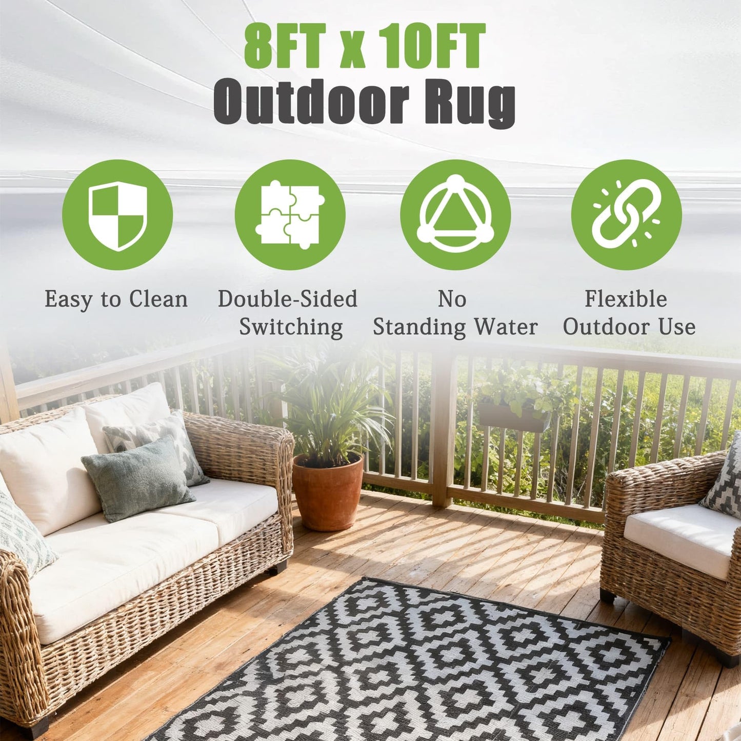 HOSTIC Outdoor Rug with Water Shielding, 8 x 10 Feet, Double Sided Plastic Straw Rug for Patio and Camping, Suitable for Outdoor Use, Such as Rv Mat, Comes with A Carrying Bag and 4 Fixing Stakes
