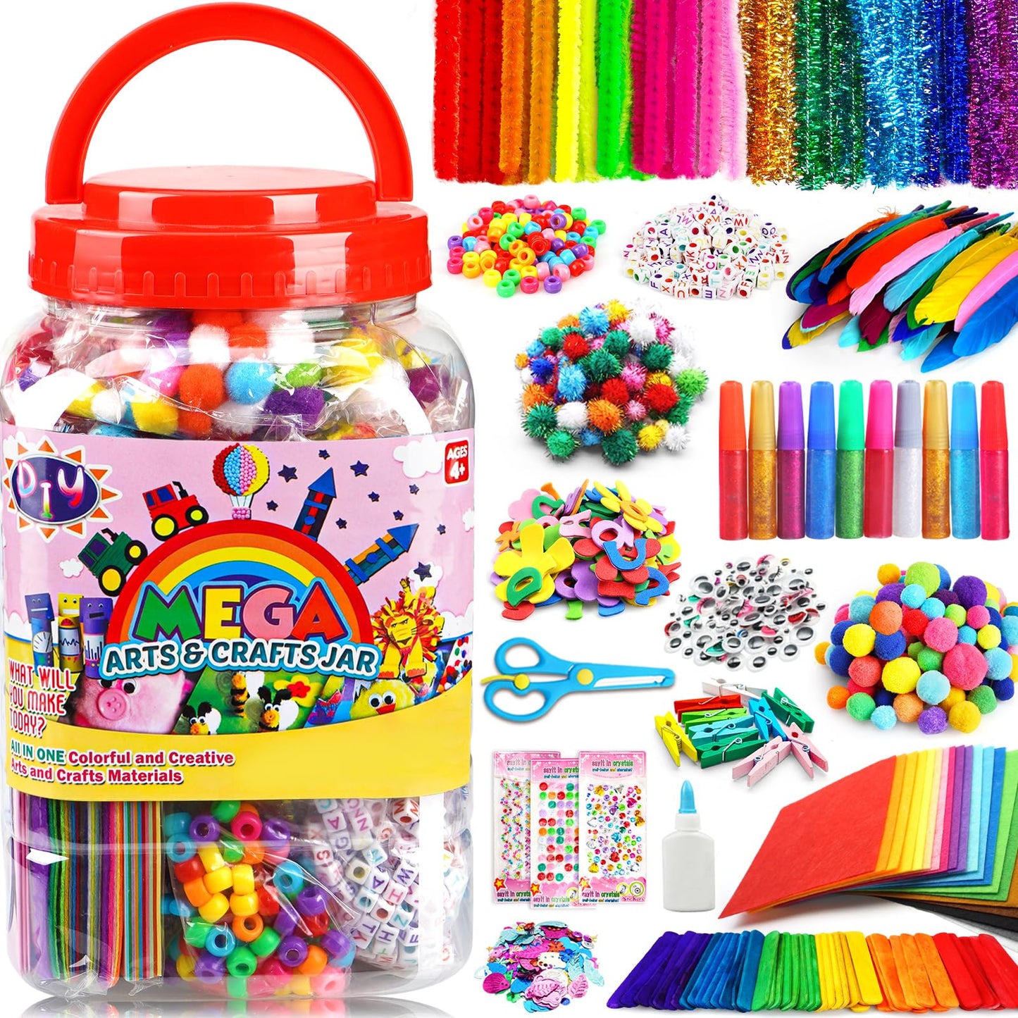 FUNZBO Mother's Day Arts and Crafts Supplies for Kids -Toddlers Craft Kit with Glitter Glue Stick, Pipe Cleaners, Popsicle Sticks, Pompoms & Stickers, Homeschool Supplies, Toys Crafts for Girls age 4+