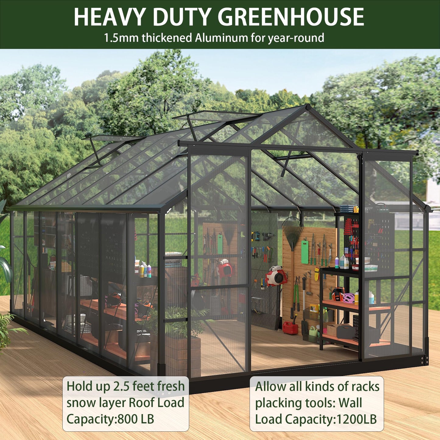 Greenhouses for Outdoors, 8x16 FT Polycarbonate Greenhouses with 4 Adjustable Roof Vents, Walk-in Aluminum Frame Green Houses for Outside with Sliding Doors Windproof, Garden