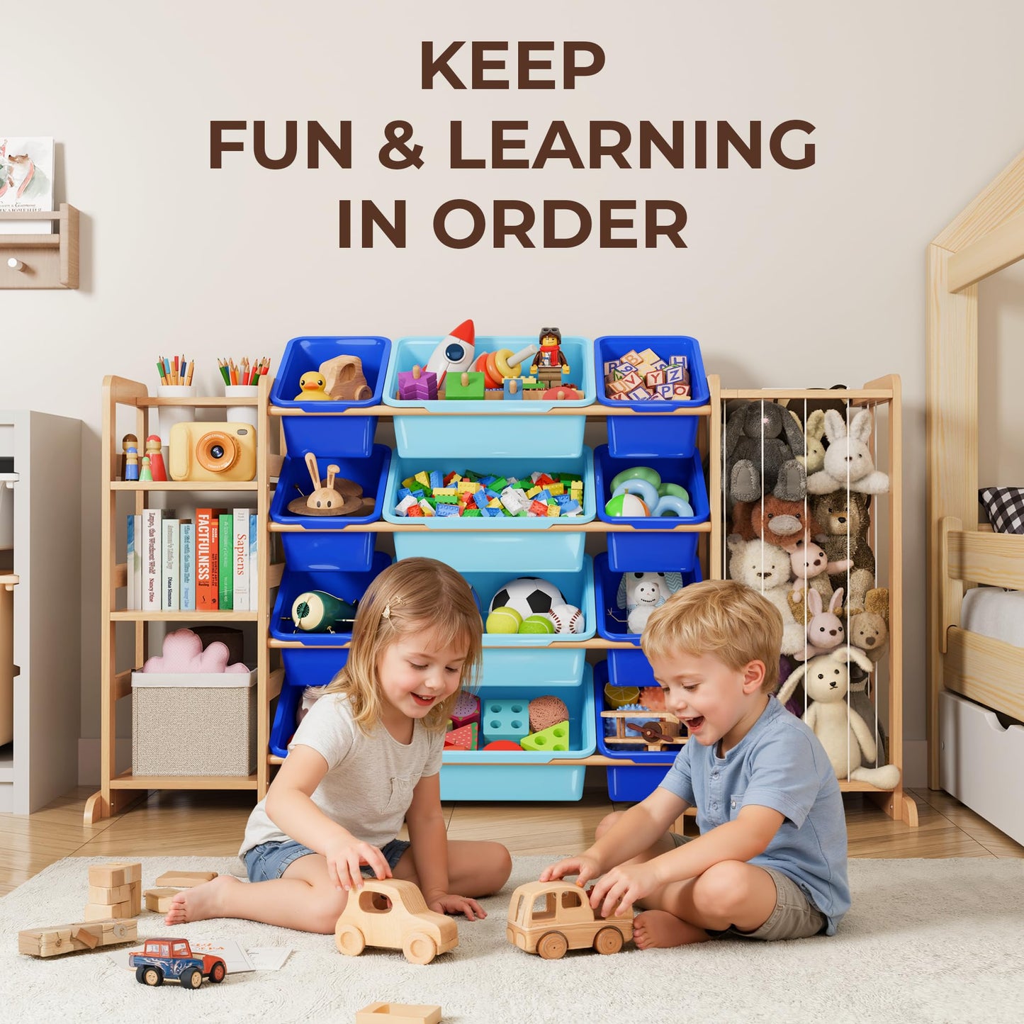 Toy Storage Organizer with Bookshelf and Stuffed Animal Storage - Kids Playroom Organization with Shelves and 12 Toy Bins - Toddler Living Room Toy Box for Lego - Nursery Bedroom Decor Essentials