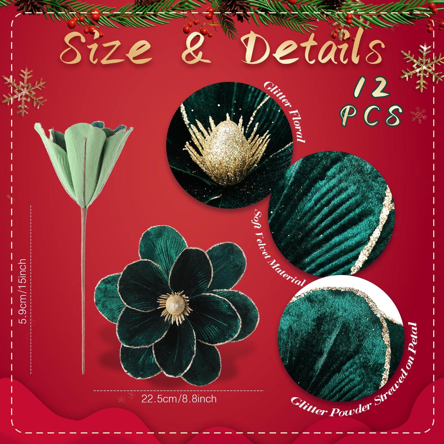 Craftsatin 12 Pcs Large Velvet Christmas Poinsettia Magnolia Flowers Ornaments Glitter Big Heads Artificial Magnolia Flowers for Decoration Wedding Decor Supplies(Dark Green)