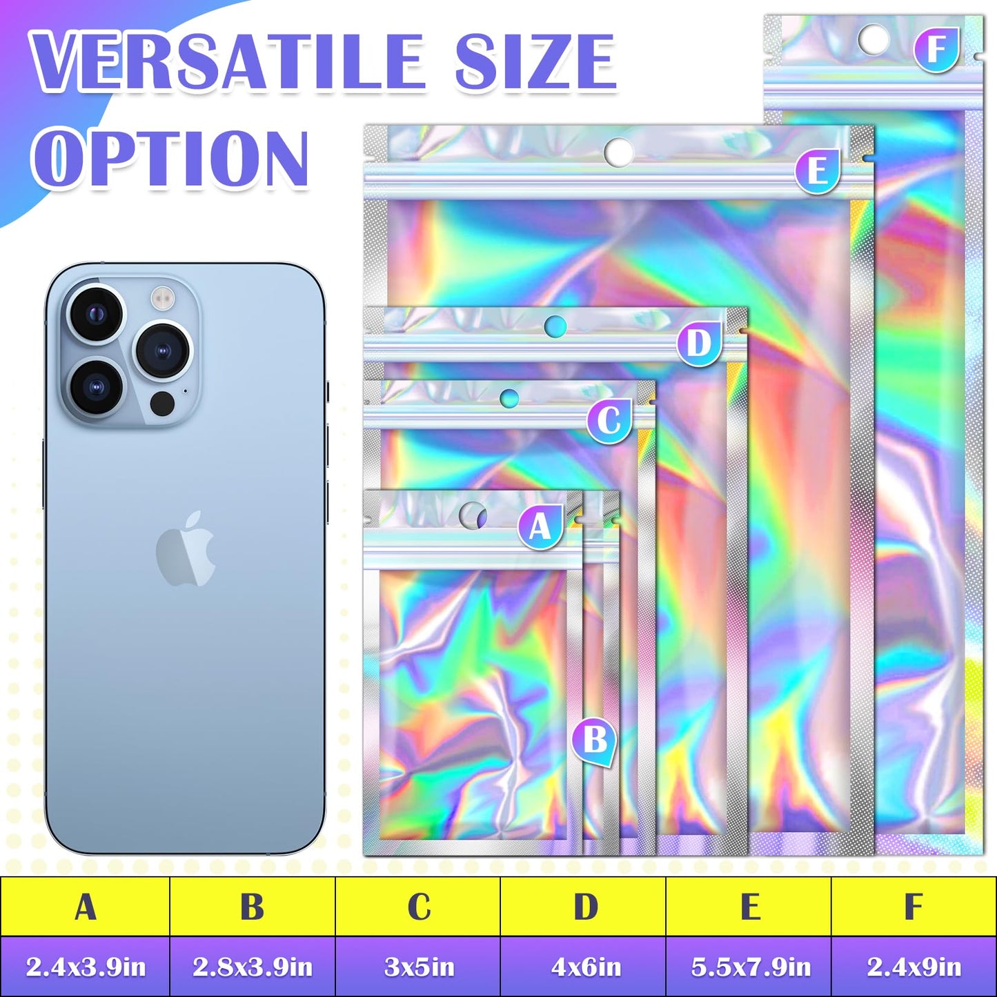 JETMORE 100 Pcs Mylar Bags, Holographic Bags, Resealable Bag for Small Business, Packaging, Sample Bag for Pen, Gift, Jewelry, Snack, Bracelets, Mothers Day Gifts (5.5x7.9in)