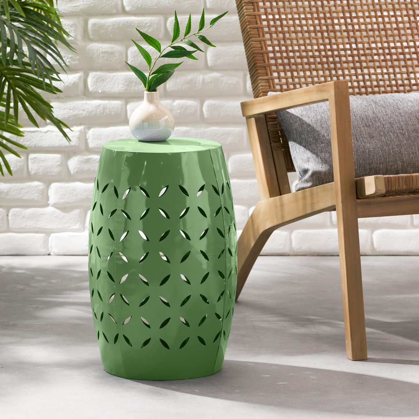 Christopher Knight Home Hayon 17.75'' Small Outdoor Side Table, Metal Outdoor Stool, Lace Cut Iron End Table, Hollow Drum Round Side Table, Decorative Garden Stool with Cutout Design, Green