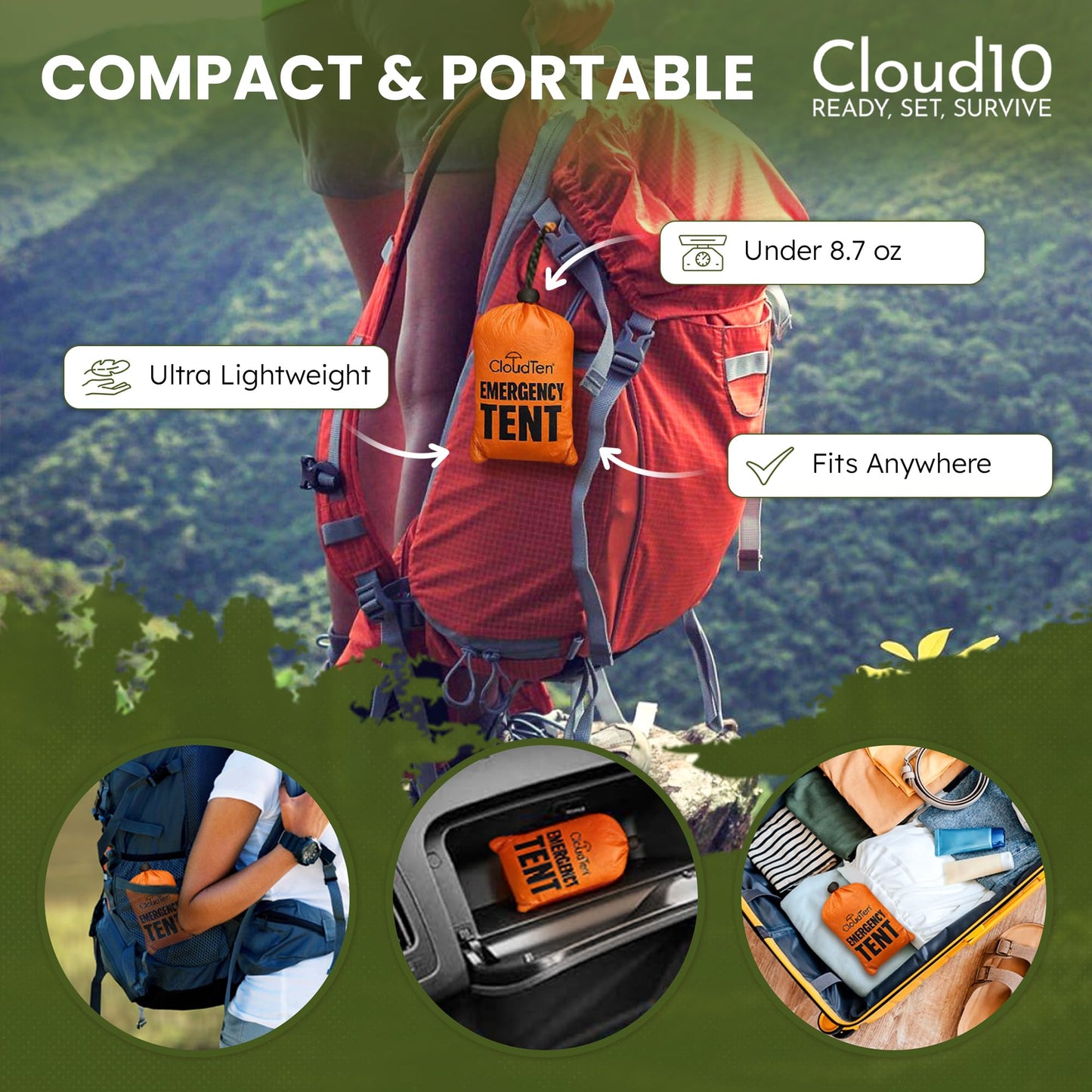CloudTen Emergency Tent: Lightweight 2 Person Survival Tent with Multi-Function Paracord Bracelets - Essential Survival Gear & Bug Out Bag Items for Preppers, Hikers, Survivalists, Campers, Boy Scouts