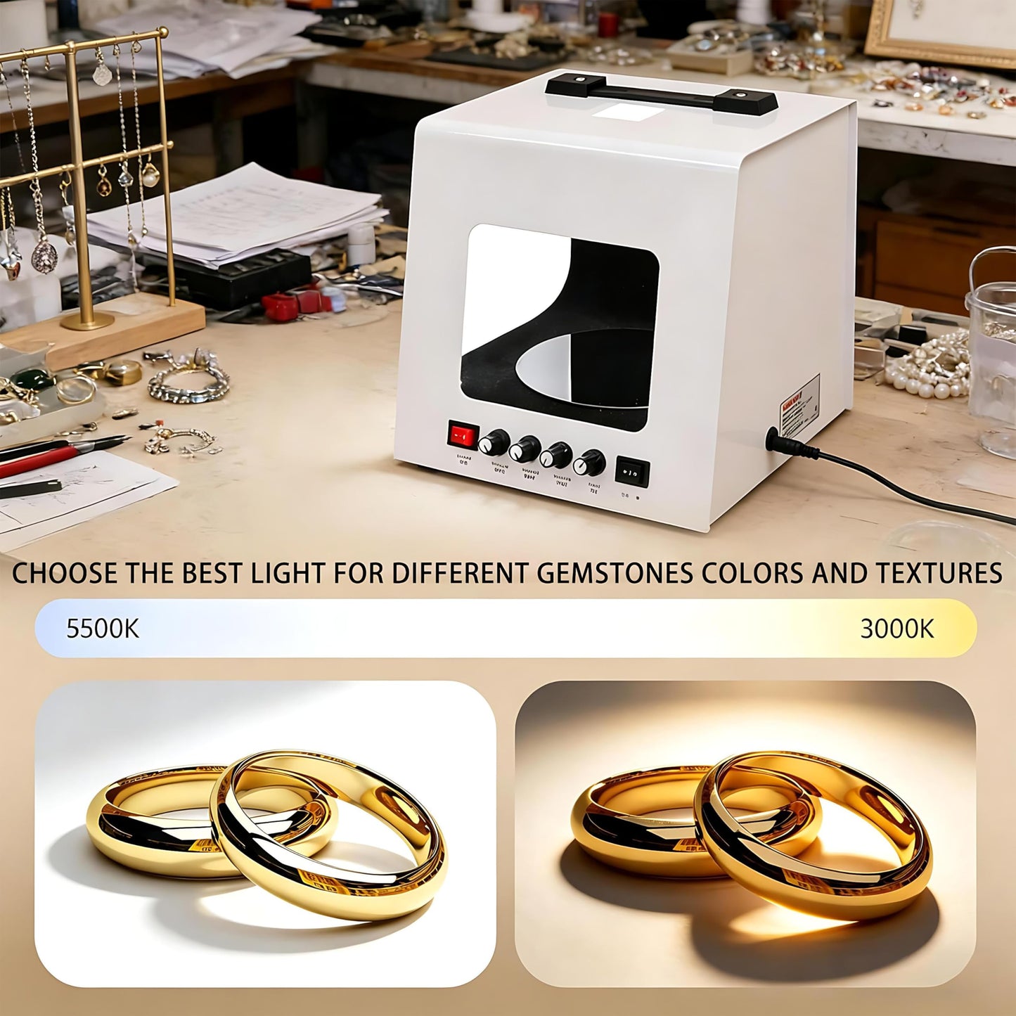 QIUNAOZI Adjustable Turntable Premium Photo Studio, Jewelry Photography Light Box with Turntable, Turntable Diameter 11/15cm, 4pcs Fill Lights, Hanging Bracket, for Jewelry, Small Items Black-TB30