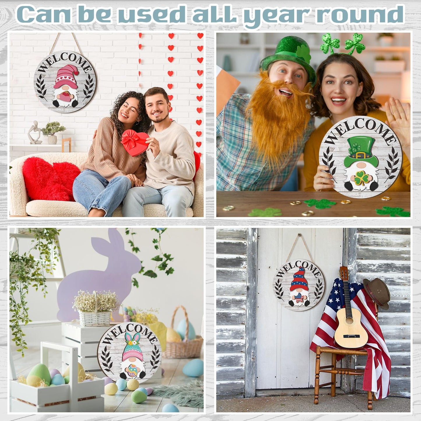 Qunclay 31 Pcs Fascinating Interchangeable Wooden Gnome Door Hanger Holiday Seasonal Gnome Decorations with Magnet Pieces and Detachable Hats Changeable Welcome Sign for Home (Gray)