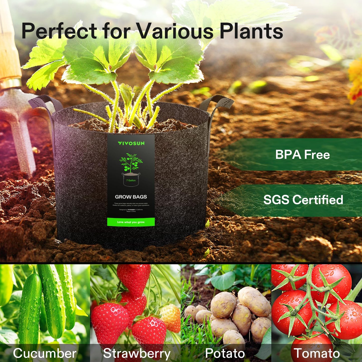 VIVOSUN 5-Pack 7 Gallon Plant Grow Bags, Heavy Duty Thickened Nonwoven Fabric Pots with Handles