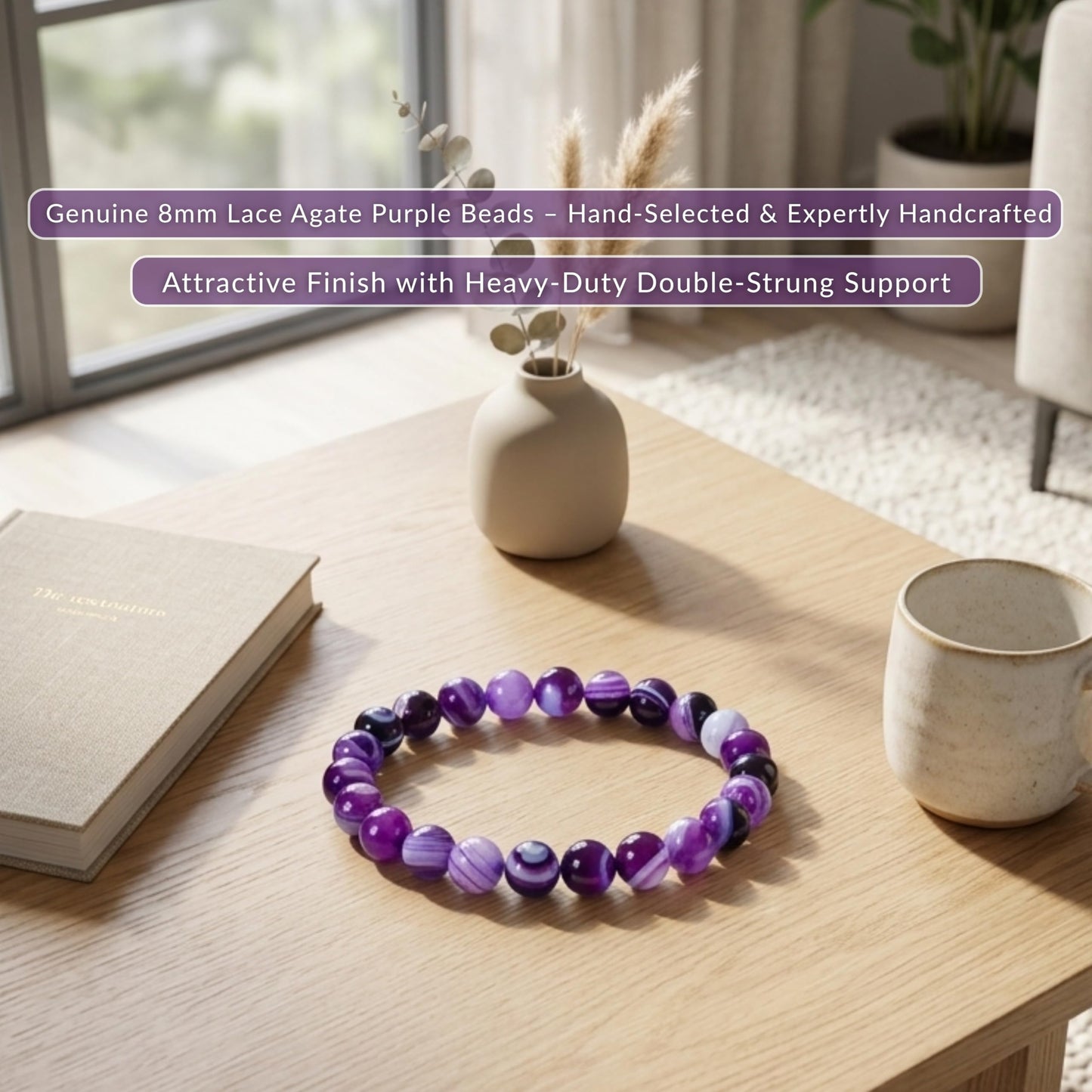 Cherry Tree Collection Lace Agate Purple Beaded Bracelet – Genuine 8mm Gemstone Stretch Bracelet for Men & Women – Handmade Crystal Bracelet - (Lace Agate Purple - M)