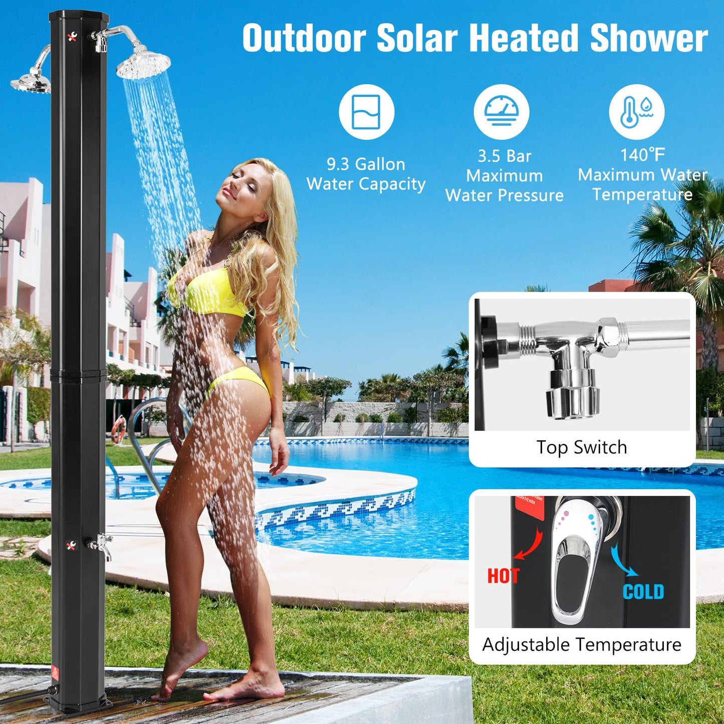 Goplus 9.3 Gallon Solar Heated Outdoor Shower, 7.2 FT Freestanding Garden Shower with Dual Swivel Shower Heads & 2 Foot Showers, Adjustable Temperature,for Poolside Backyard Beach