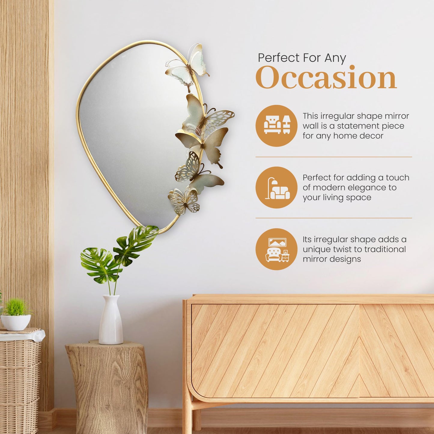 Decorative Wall Mirror with Butterfly Design, Gold Frame, Irregular Shape Perfect for Living Room, entryways, Bathroom, Home Decor