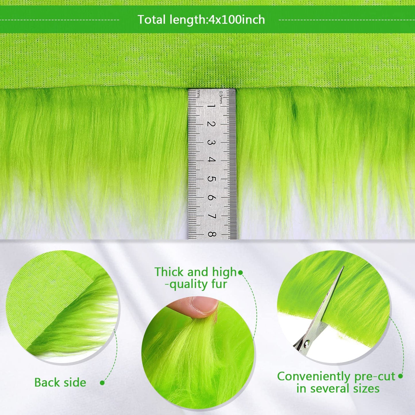 Tatuo 4 x 100 Inch Green Faux Fur Fabric Christmas Fluffy Fuzzy Craft Fake Fur Cuts Shaggy Synthetic Plush Patch Sewing DIY Winter Halloween Costume Gnome Beard Miniature Dolls Rugs Mats Gift