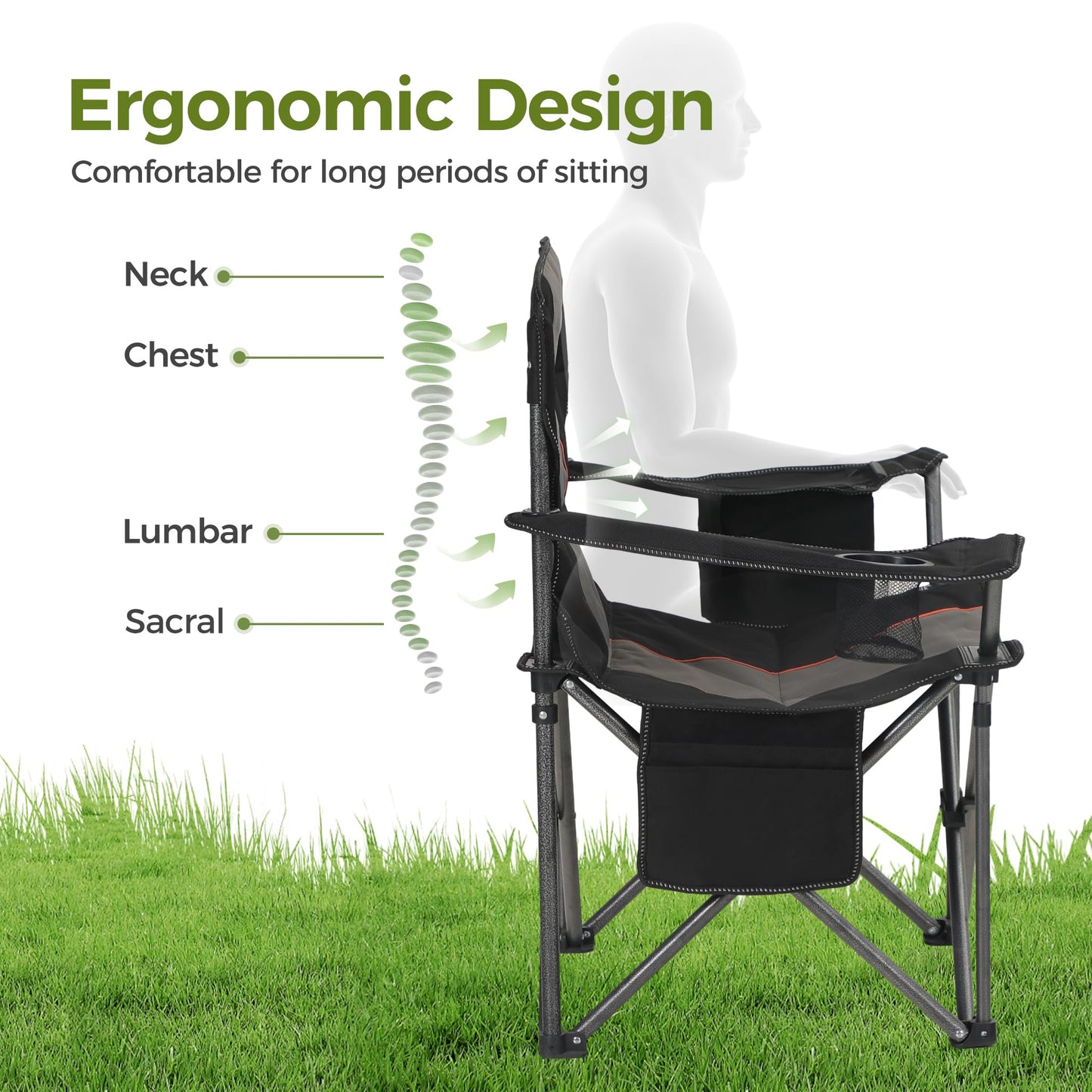 ALPHA CAMP Heavy Duty Camping Chair 500 LBS Capacity, Oversized Folding Chair for Heavy People, Padded Portable Outdoor Chair with Cooler Bag & Cup Holder for Camping, Fishing, Beach,Black,2PC