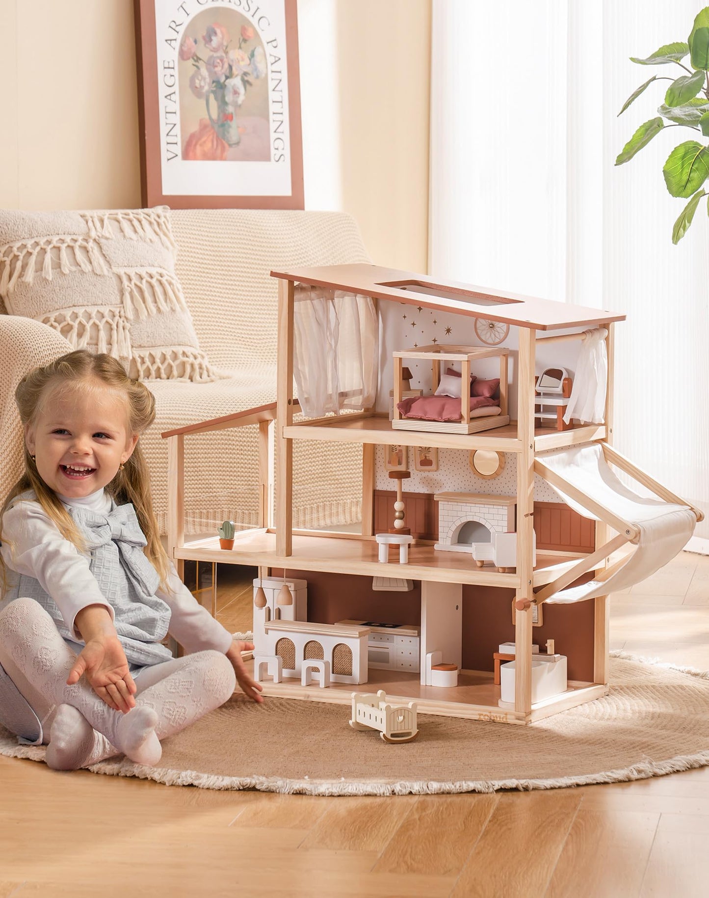 ROBUD Doll House - Wooden Bohemian Dollhouse with Realistic Design, Includes 37 Pieces of Furniture & Accessories for Kids Ages 3+