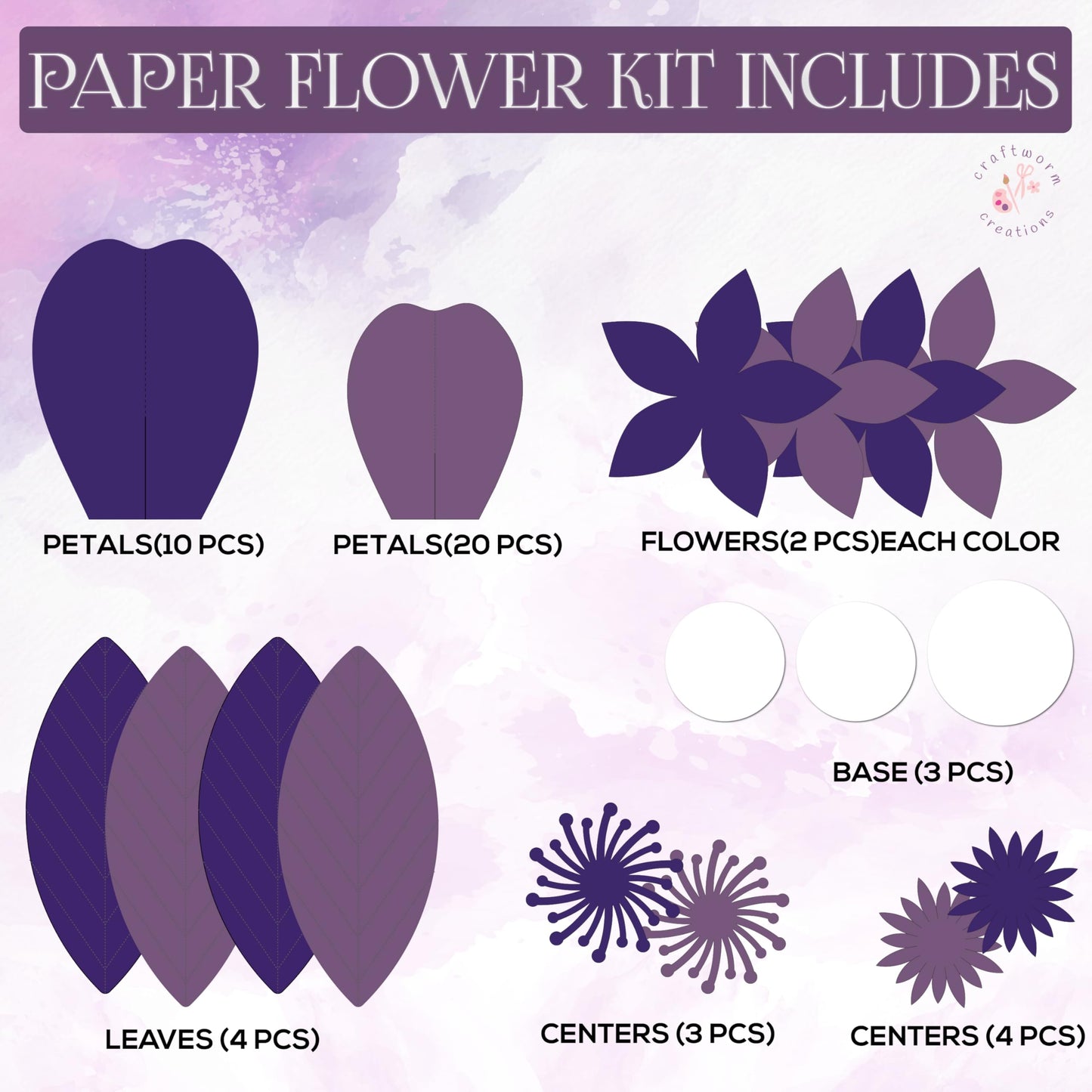 Craftworm Creations Giant Paper Flower DIY Kit – Purple & Lavender – 11-Piece Pre-Cut Set with 10", 6" & 4" Flowers – Easy 15-Min Assembly – Girls Room, Graduation, Baby Shower & Party Backdrop Decor