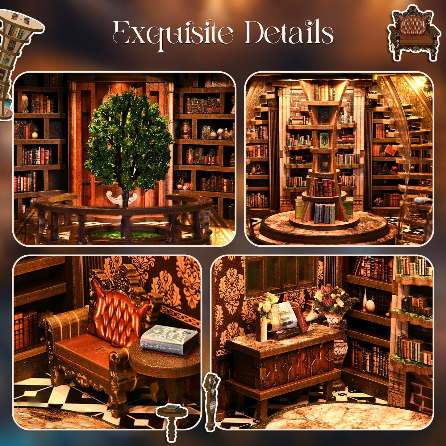 Kaayeewood Book Nook Kit, 3D Wooden Puzzles for Adults, DIY Miniature House Kit for Adults, Booknook with LED Light, Gifts for Family, Friends and Book Lovers, Bookshelf Decor(Wisdom Rings)