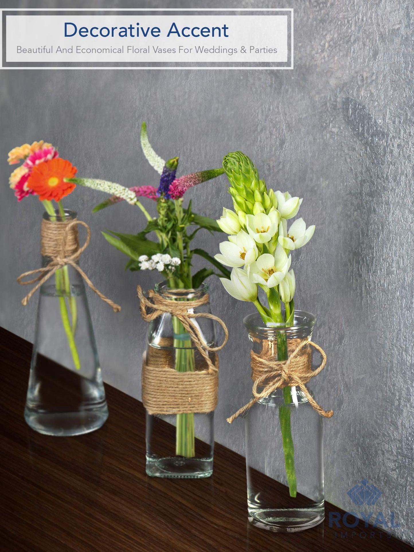 Royal Imports Clear Glass Bottle Bud Vase, Small Single Stem Flower Centerpiece, Mini Decorative Floral Jars, Rustic Farmhouse Home Decor, Kitchen, Fireplace, Shelf, Narrow One Rose Holder, Set of 3