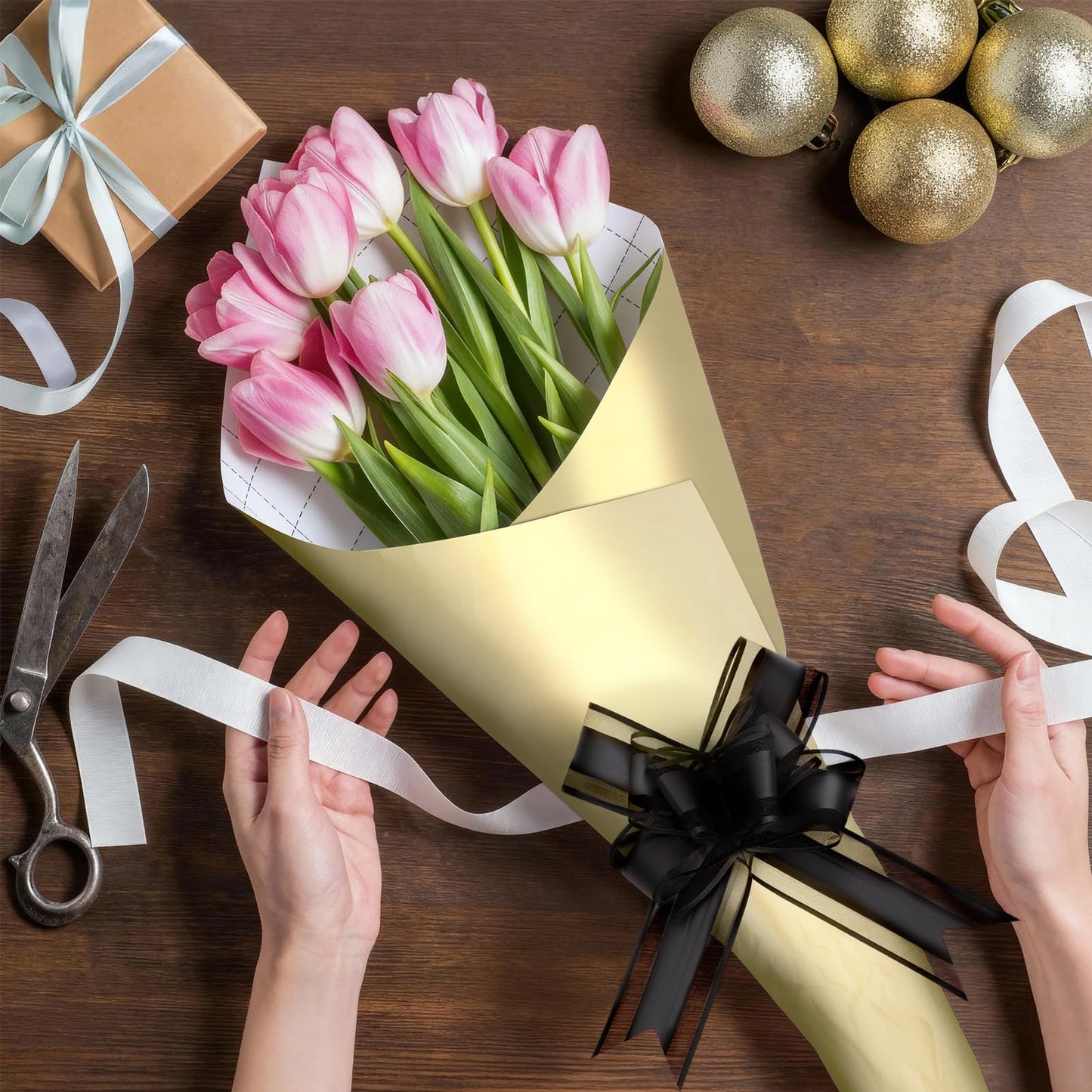 EUSOAR Gold Wrapping Paper, 2 Rolls(17 in x 32.8ft Each) Matte Gift Wrap with 20pcs Black Pull Bows, Gifts Wrapping Paper Crafts DIY Bouquet Packaging Supplies for Wedding Birthday Bridal Party