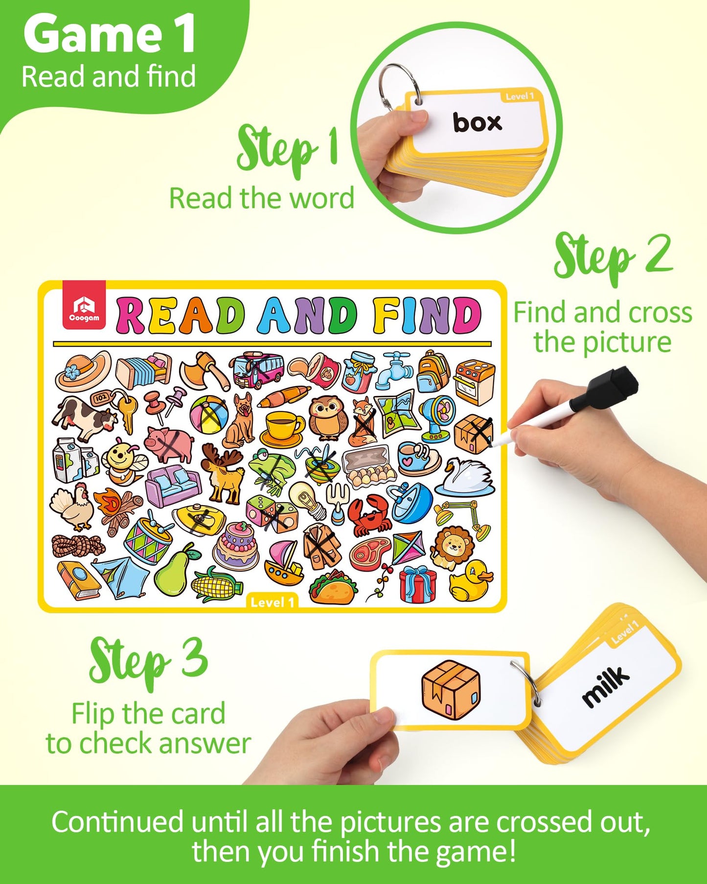 Coogam Search and Find Activity Cards for Kids, 220 Sign Words Dry Erase Busy Book Travel Games, Educational Montessori Toy Learning Flashcards for Kindergarten Preschool 3 4 5 Years Old Kids
