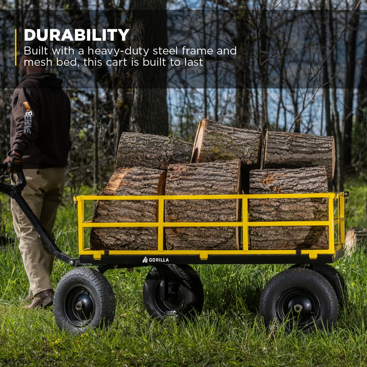 Gorilla Carts 1,400 lb Steel Utility Garden Cart, Heavy Duty 4-Wheel Yard Cart with Convertible 2-in-1 Handle & Removable Sides, 12 cu ft, Black/Yellow