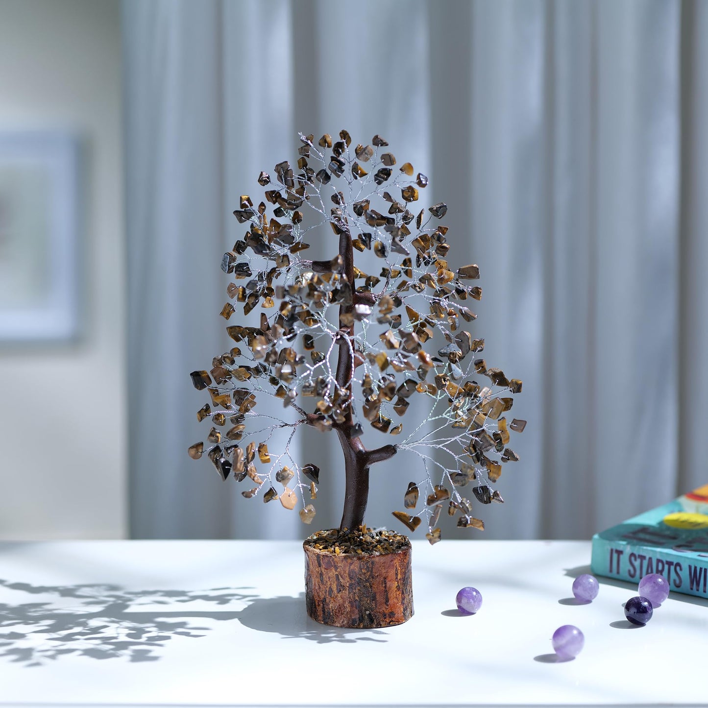 PYOR Tigers Eye, Healing Crystal Tree, Office Decor for Women, Gem Tree, Tiger Eye Stone, Good Luck Gifts, Money Crystal Stone, Positive Energy Decor, Gemstone Bonsai