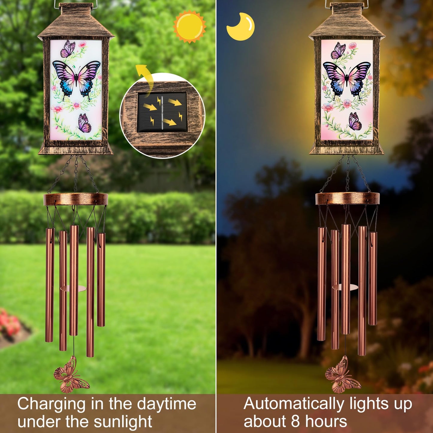 YHmall Wind Chimes for Outside, 37" Hanging Solar Windchimes Outdoors Memorial Butterfly Gifts for Women Mom Grandma, Solar Lanterns Wind Chimes for Home Patio Yard Garden Decor