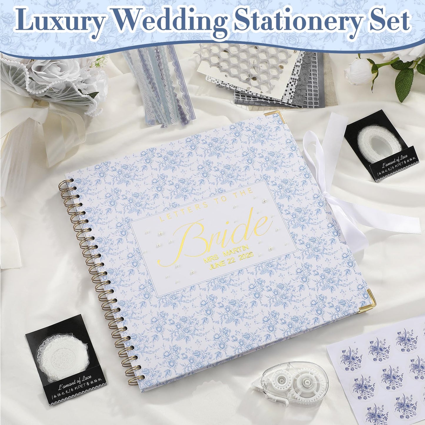 Humyoun Wedding Guest Book Letters to The Bride Scrapbook Wedding Memory Book Bridal DIY Blank Paper Scrapbook Photo Album Guest Sign with Pearl Stickers(12 x 12 Inch,Floral,Blue)