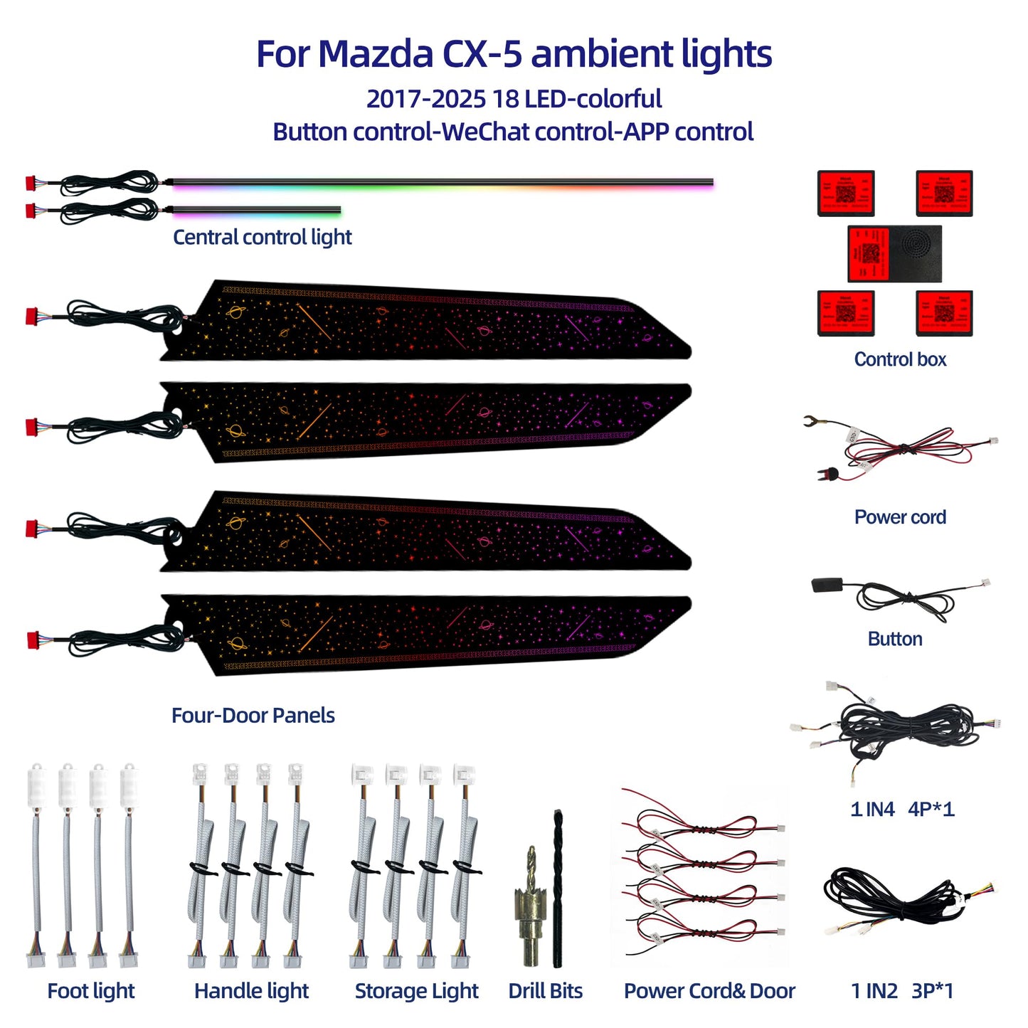 256-Color Interior Ambient Lighting Kit for Mazda CX-5 2017-2025 | 4 Door Panels + LED Strips + Footwell & Handle Lights | Music Sync, APP & Button Control
