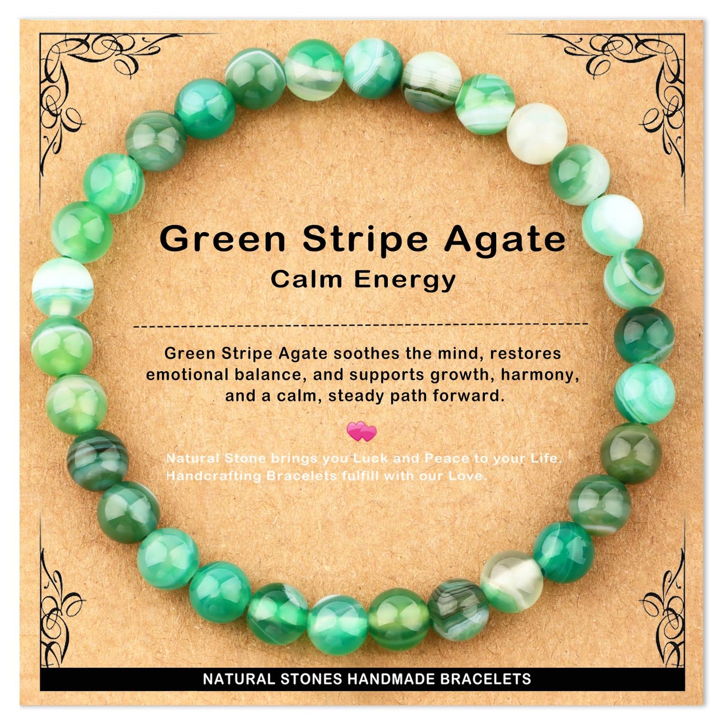 AD Beads 6mm Handmade Green Stripe Agate Elastic Bracelet – Natural Gemstone for Calm energy – Meditation, Yoga, Healing and Energy Gift for Men Women
