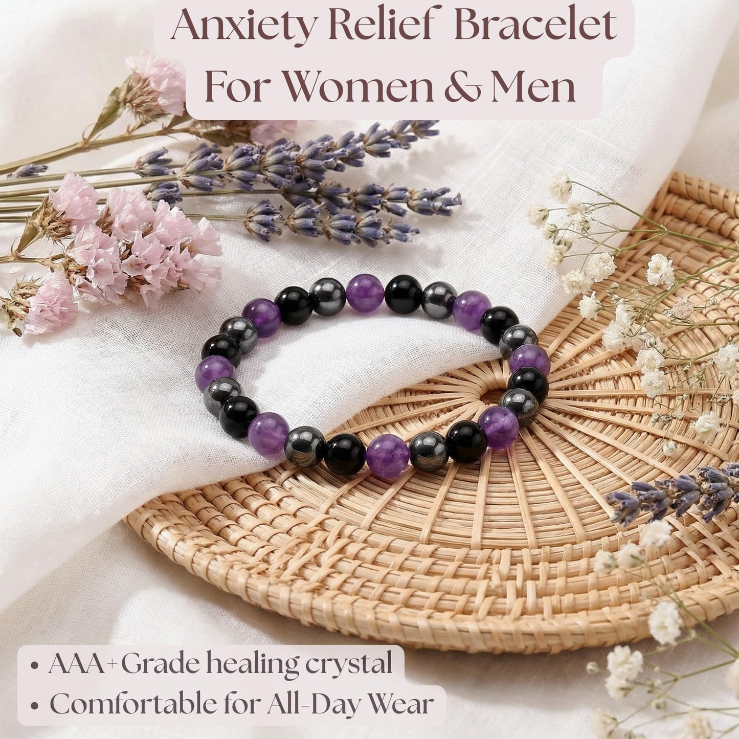Atminafays Amethyst Healing Bracelet for Women Men - Anxiety Relief Bracelet with Chakra Stones Hematite & Obsidian for Energy Protection & Emotional Balance,Yoga Bracelet.