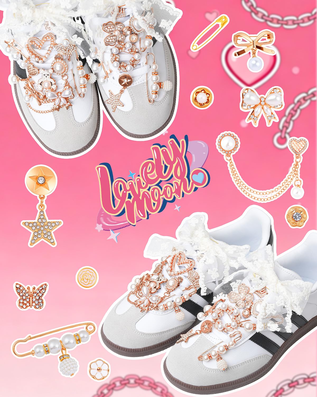 LovelyMoon 70Pcs Junk Socks Charms Kit with Letter Beads, Gold Charm for Socks and Sneakers, Brooches and Pins for Women, Charms for Sock Safety Pin, Junk Charm with Pearl, Rhinestone