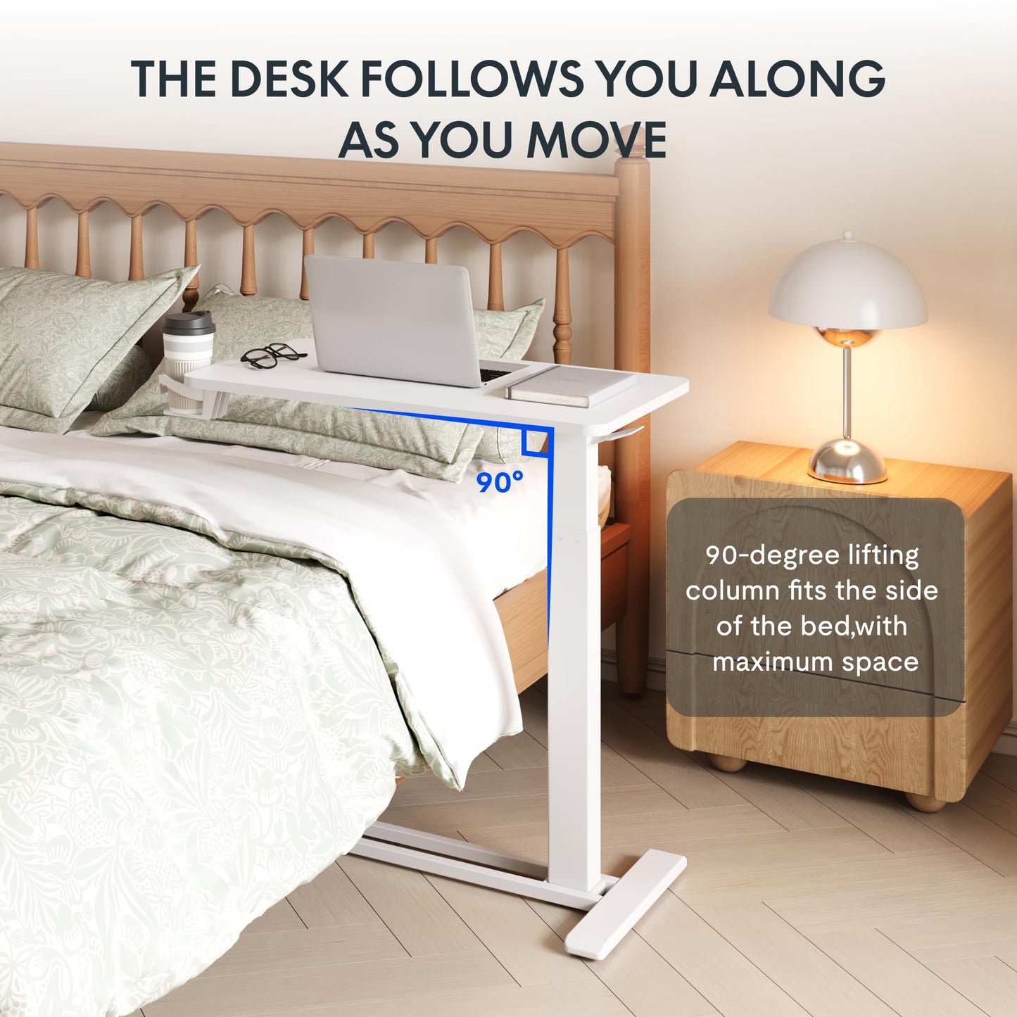 FLEXISPOT H7 Adjustable Overbed Bedside Table with Wheels Pneumatic Mobile Standing Desk Laptop Desk Rolling Computer Cart Movable Overbed Table Hospital Home Use(27.6" W x 15.7" D, White)