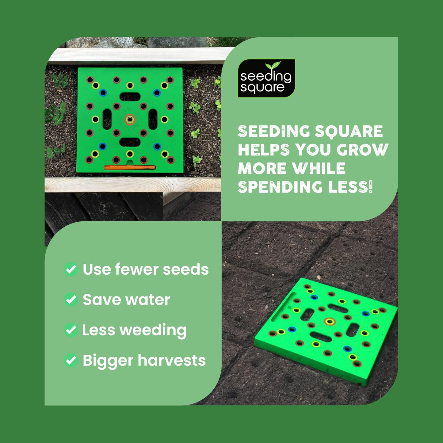 Seeding Square - Patented Seed and Seedling Spacer Tool for Bigger Harvests, Organized Plants & Fewer Weeds – Color-Coded Gardening Template with Dibber, Seed Spoon, Ruler & Planting Guide